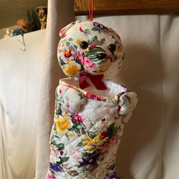 TEDDY BEAR QUILTED CHRISTMAS STOCKING NEW FLORAL - Picture 3 of 5